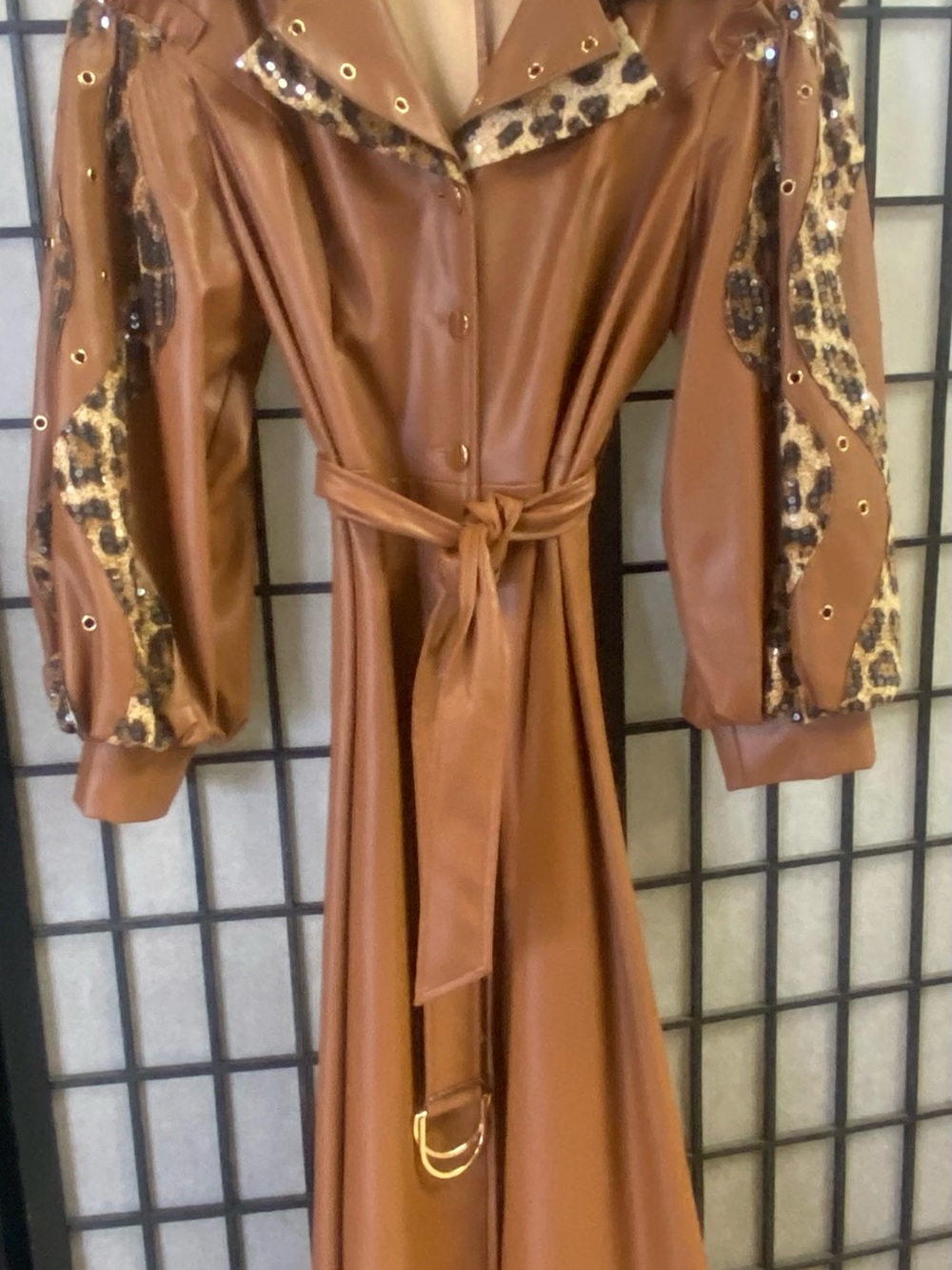 Women’s Faux Leather Trench Coat with Leopard Trim - Brown